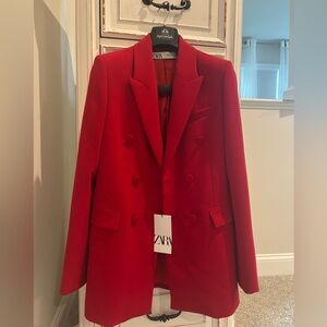 Zara Red Structured Blazer with Notched Lapels